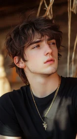 Young male subject in black shirt with gold pendant outdoors.