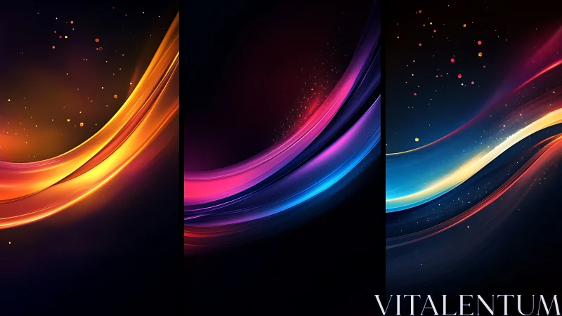 Triptych shows curved multicolor light bands on dark fields