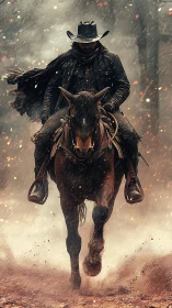 Lone cowboy rides through ember storm in cinematic rain