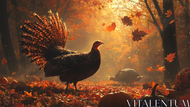 Wild turkey struts through glowing autumn forest with pumpkins