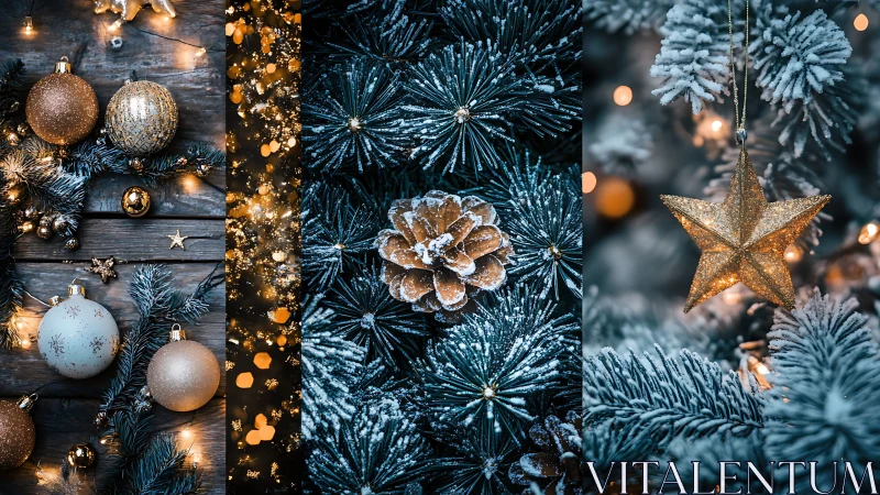 Frosted fir branches with golden Christmas ornaments glowing softly.