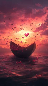 Boat of Hearts Beneath Fiery Sunset Sky.