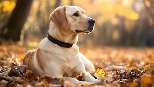 Gentle golden labrador relaxes calmly in a glowing autumn park