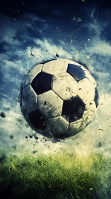 Dynamic close-up of worn soccer ball over grassy field.