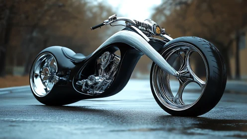 Streamlined custom motorcycle on wet urban roadway.