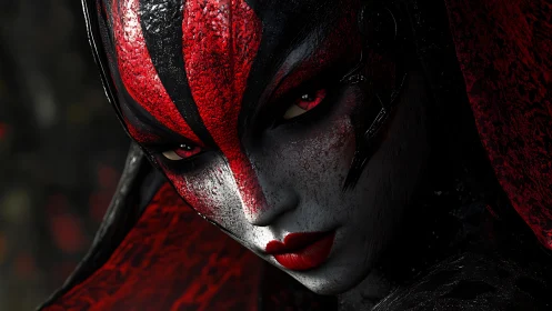 Crimson warpaint siren staring from a blade shadowed world.