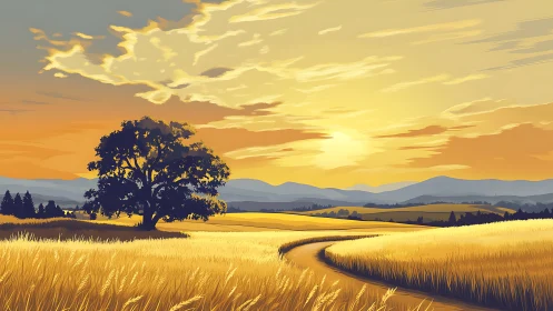 Golden field landscape portrays winding path under sunset sky