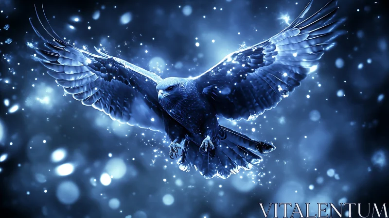 Majestic eagle soaring in glowing blue fantasy digital art.