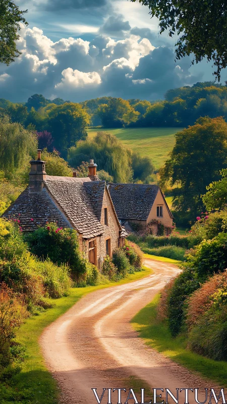 Country lane curves past stone cottages under stormy clouds