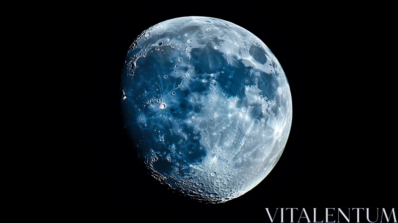 Detailed blue tinted moon surface against deep black space.