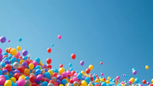 Chromatic helium balloons rising against expansive blue sky.