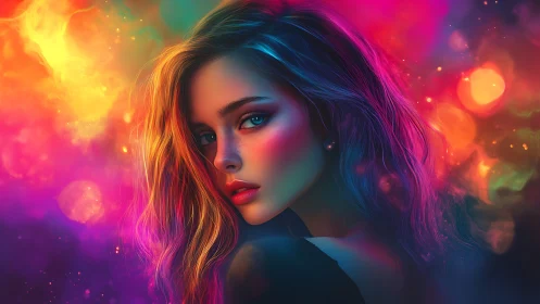 Portrait of neon lit woman against vivid bokeh clouds