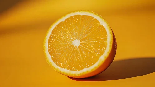 Cross-section of orange half on monochrome yellow ground.