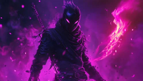 Hooded armored figure stands amid magenta energy flames