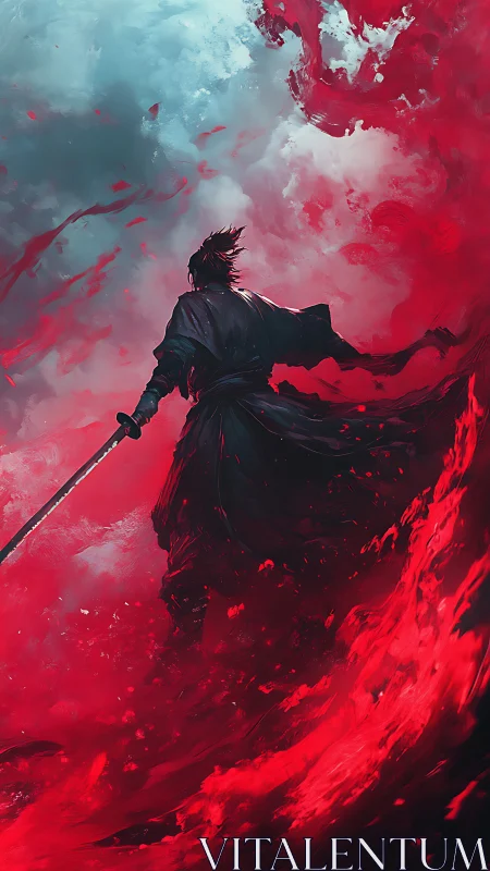 Backlit katana warrior in turbulent red atmospheric vortex.