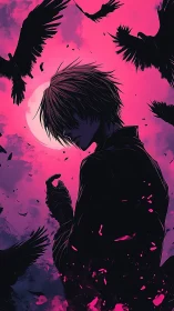 Solitary anime figure broods beneath a blood-moon sky