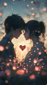 Two figures silhouetted against glowing particles embrace around heart