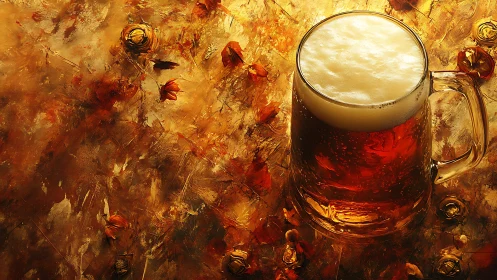 Glass beer mug on textured amber background surface.