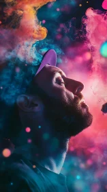 Man in profile immersed in neon vapor and glowing particles