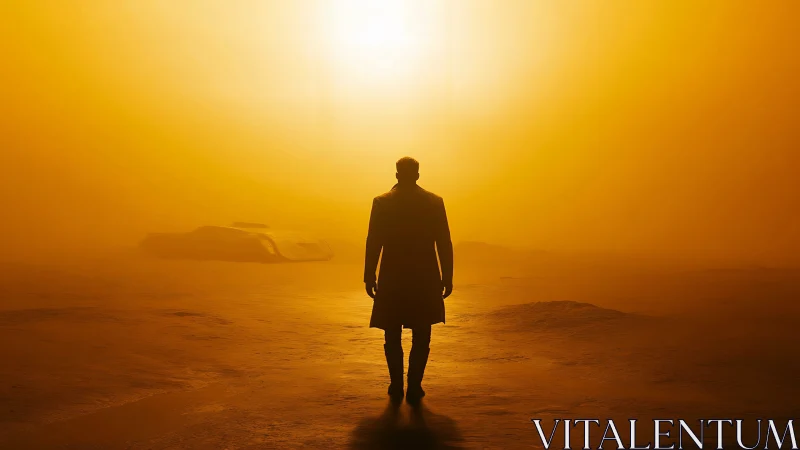 Silhouetted lone figure walks toward intense yellow light