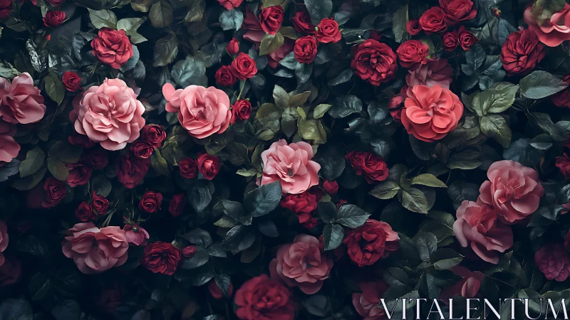 Lush Rose Garden Blooms Against Deep Shadow.