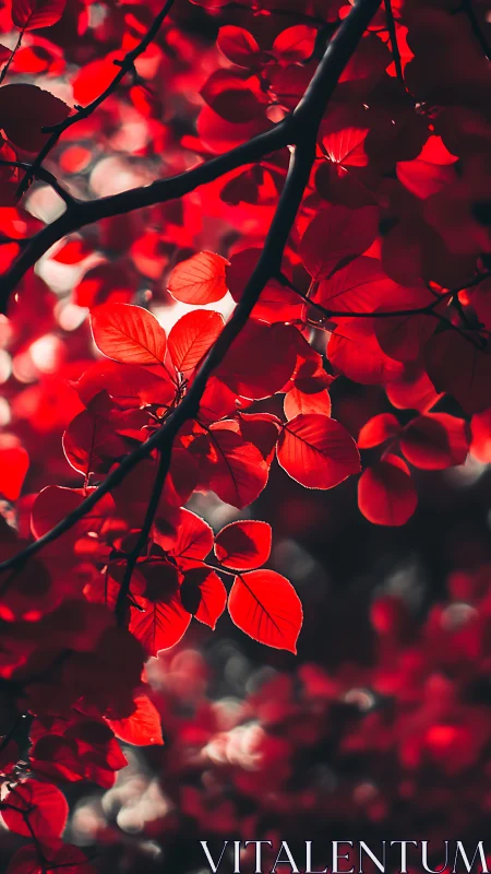 Crimson leaves glow softly in warm, dappled forest light