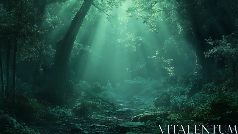 Mystical Enchanted Forest Bathed in Ethereal Emerald Light