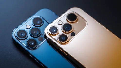 Dual smartphone camera modules aligned in close-up view