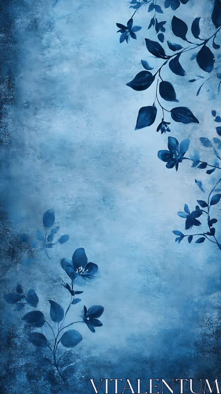 Blue floral vines drift across textured misted ground.