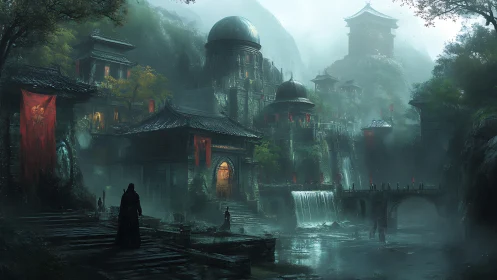 Fog-laden terraced citadel with cascading waterfalls and banners.