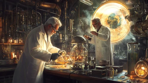 Elder scientists refine alchemical experiment under glowing map