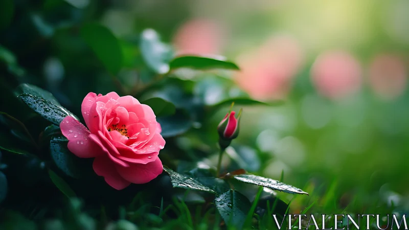 Pink Rose Blooming in Morning Dew.