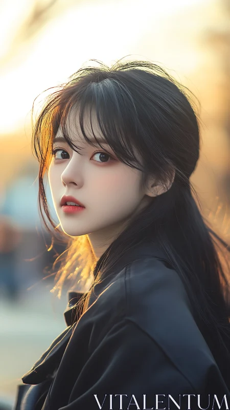 Portrait captures woman in golden backlit evening glow.