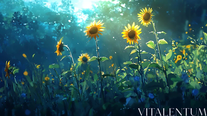 Backlit sunflower meadow under diffuse atmospheric scattering.