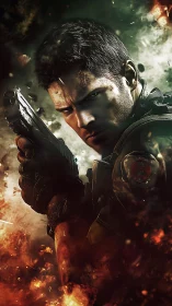 Battle-hardened soldier amid erupting inferno and smoke.