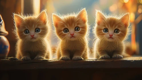 Three Adorable Kittens Bathed in Golden Sunlight.