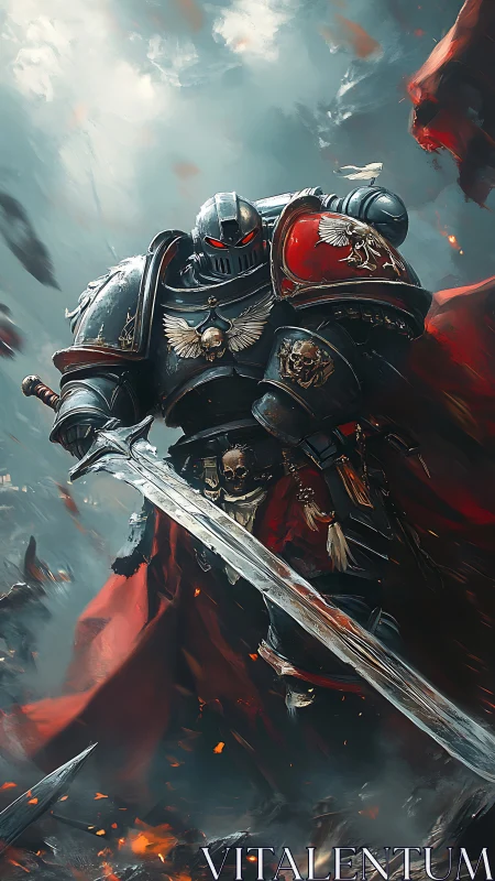 Armored sci fi knight strides forward with raised sword