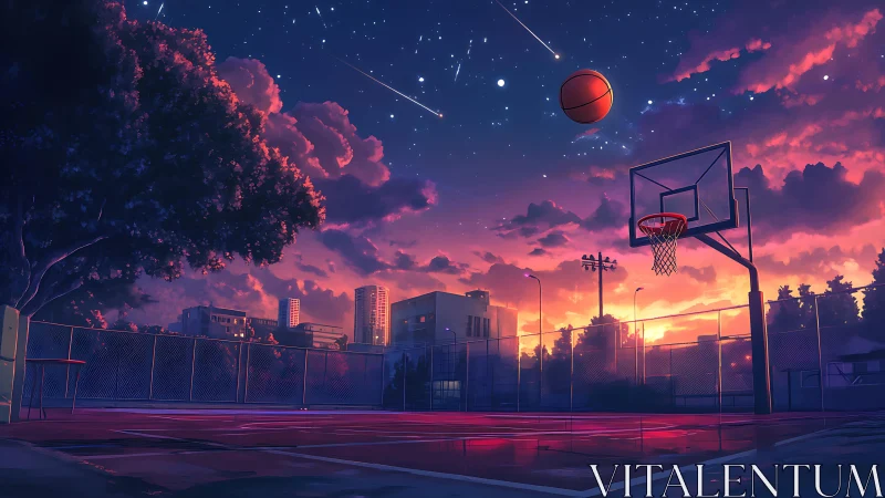 Twilight urban basketball court under meteor-lit, saturated sky