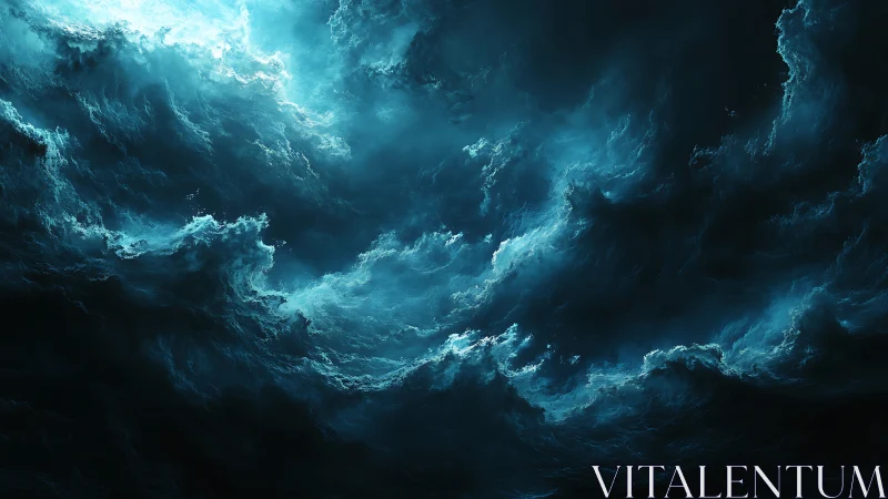 Storm-like teal clouds twist through dark abstract sky