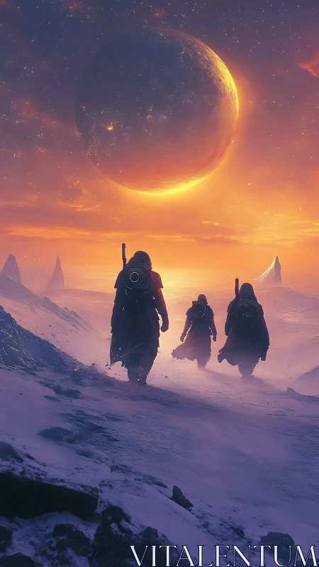 Three robed figures cross icy terrain under large planet