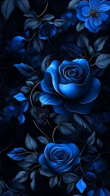 Luminous Blue Roses Against Darkness.