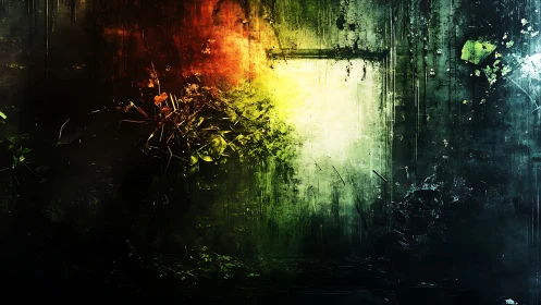 Rust-streaked wall glows with fractured neon light bands.