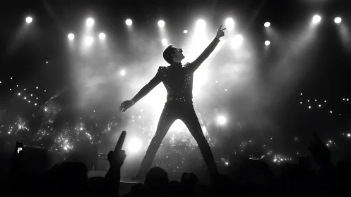 Silhouetted rock vocalist under concert spotlights in monochrome.