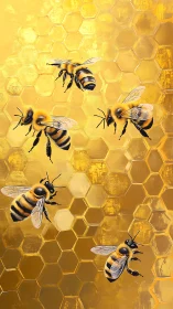 Honeybees drift across golden honeycomb in luminous motion