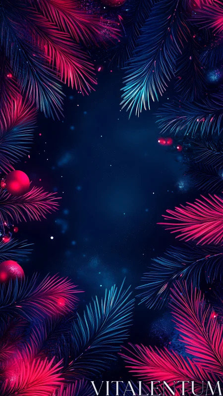 Neon pine branches frame deep blue festive night sky