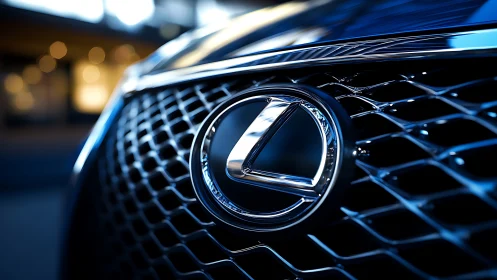 Lexus grille emblem in high-contrast optical close-up study.