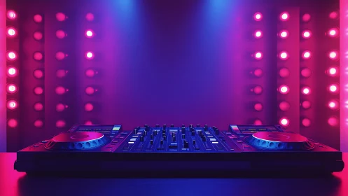 Neon-lit DJ deck waiting for the night to come alive.