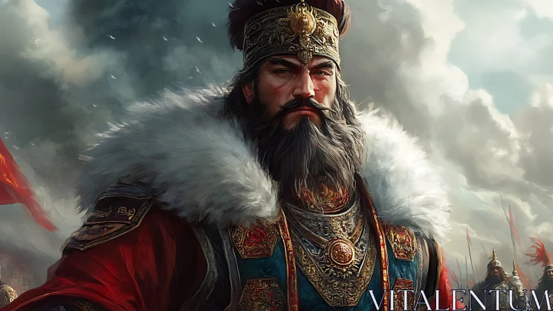 Regally armored bearded commander stands before cloudy sky