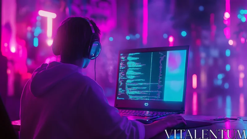Neon-lit coder immersed in futuristic cyber workspace.