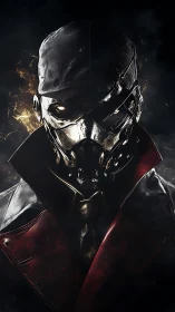 Masked enforcer emerges from shadow in dramatic metallic glow